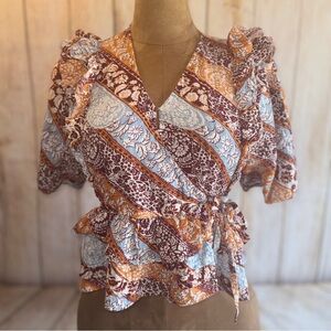 Sam Edelman Multicolor Patchwork Faux Wrap Blouse Sz S Boho​
